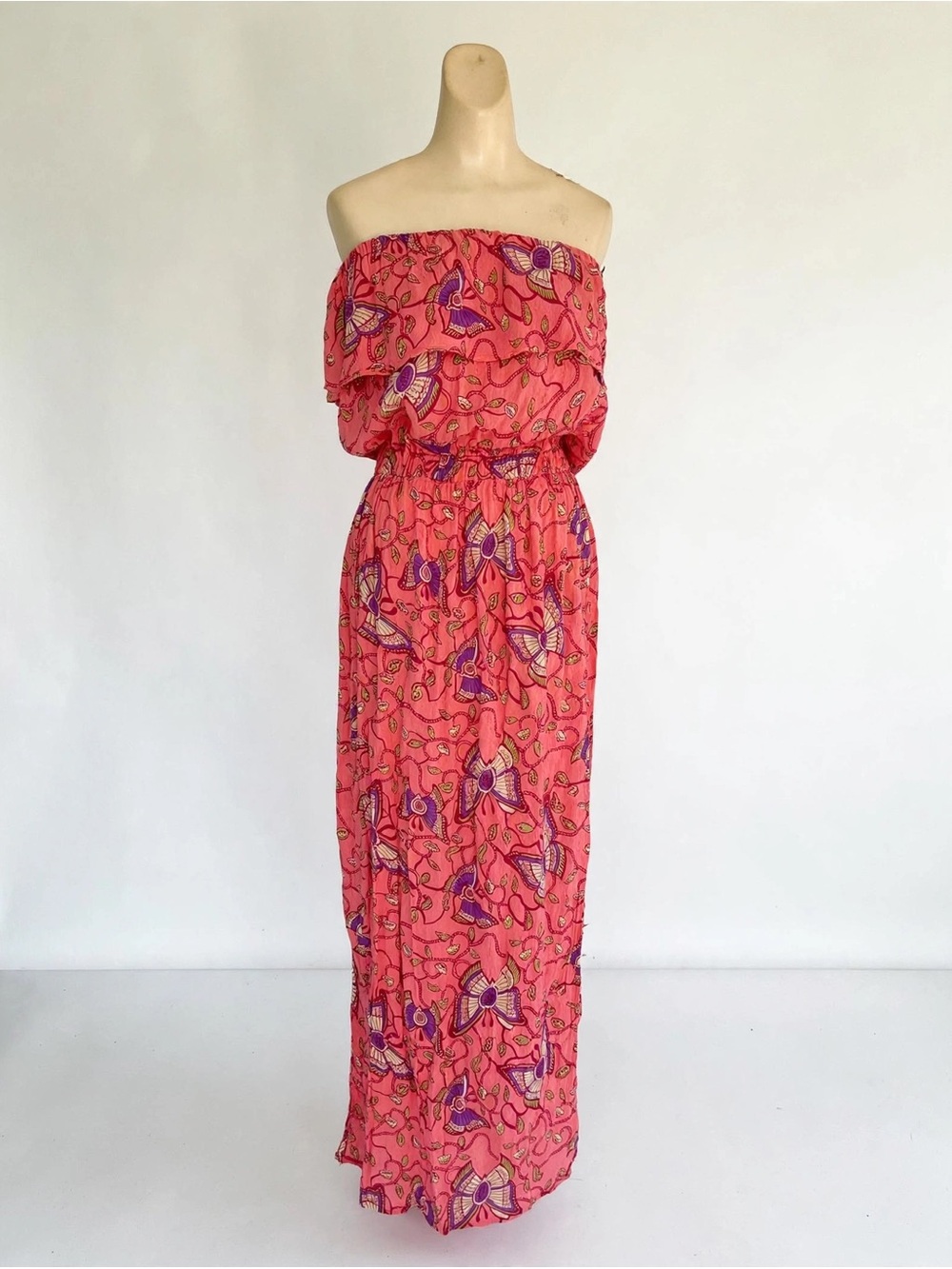 Tricia Fix Coral Strapless Floral Maxi Dress with Purple Accents